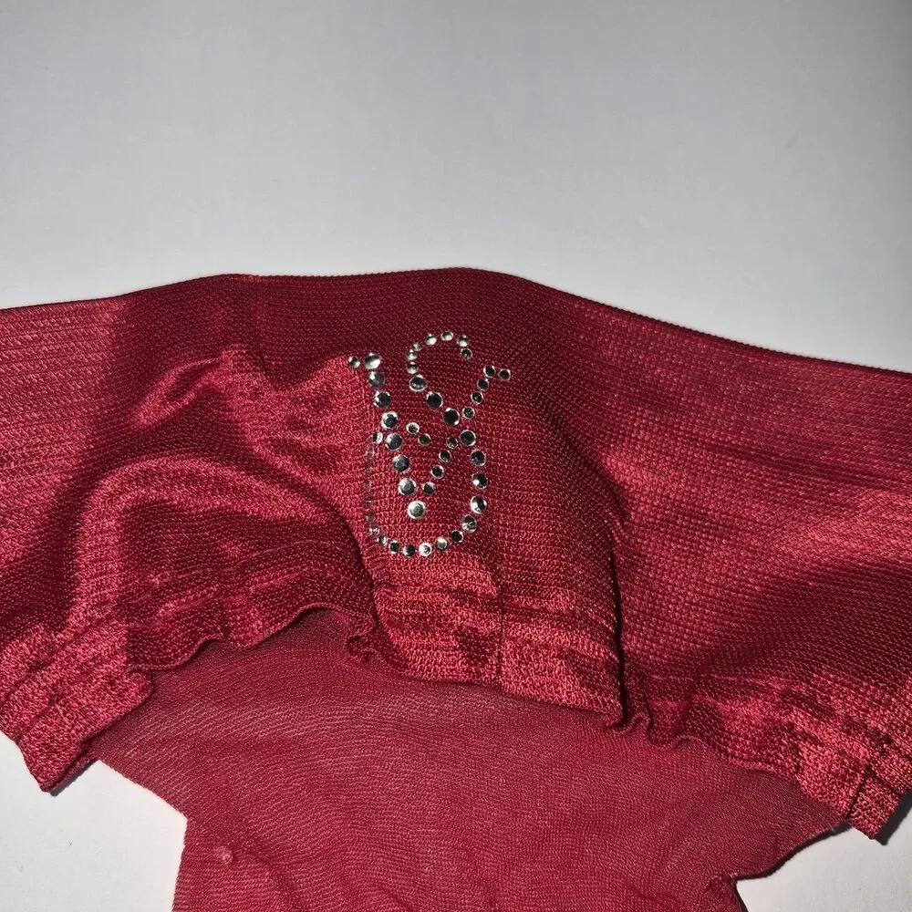 Vtg Victoria's Secret Red Rhinestone Ruffle Top Thigh High Stockings Santa Y2k